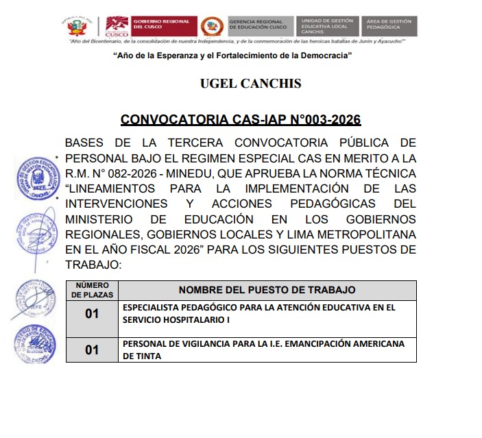 Convocatoria CAS-IAP N°003-INTERVENCIONES Y ACCIONES PEDAGÓGICAS